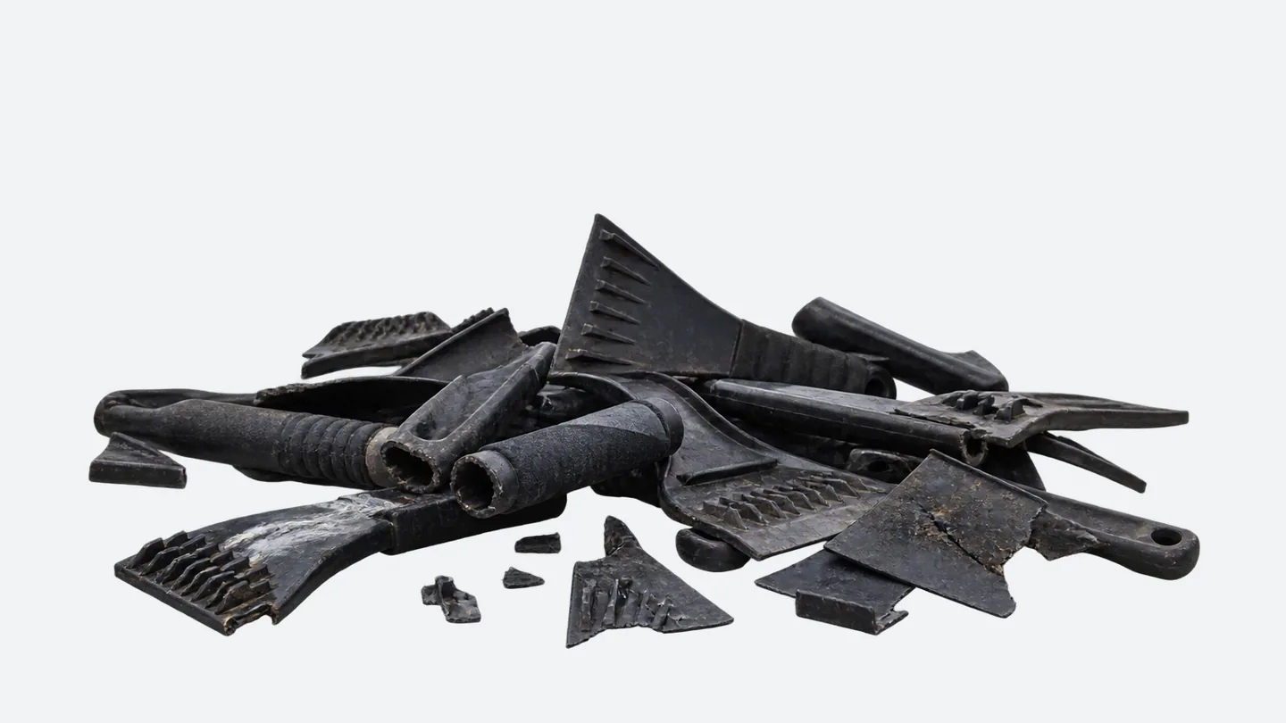 A pile of broken ice scrapers: snapped handles, worn-down edges, one blade sheared off at the neck.