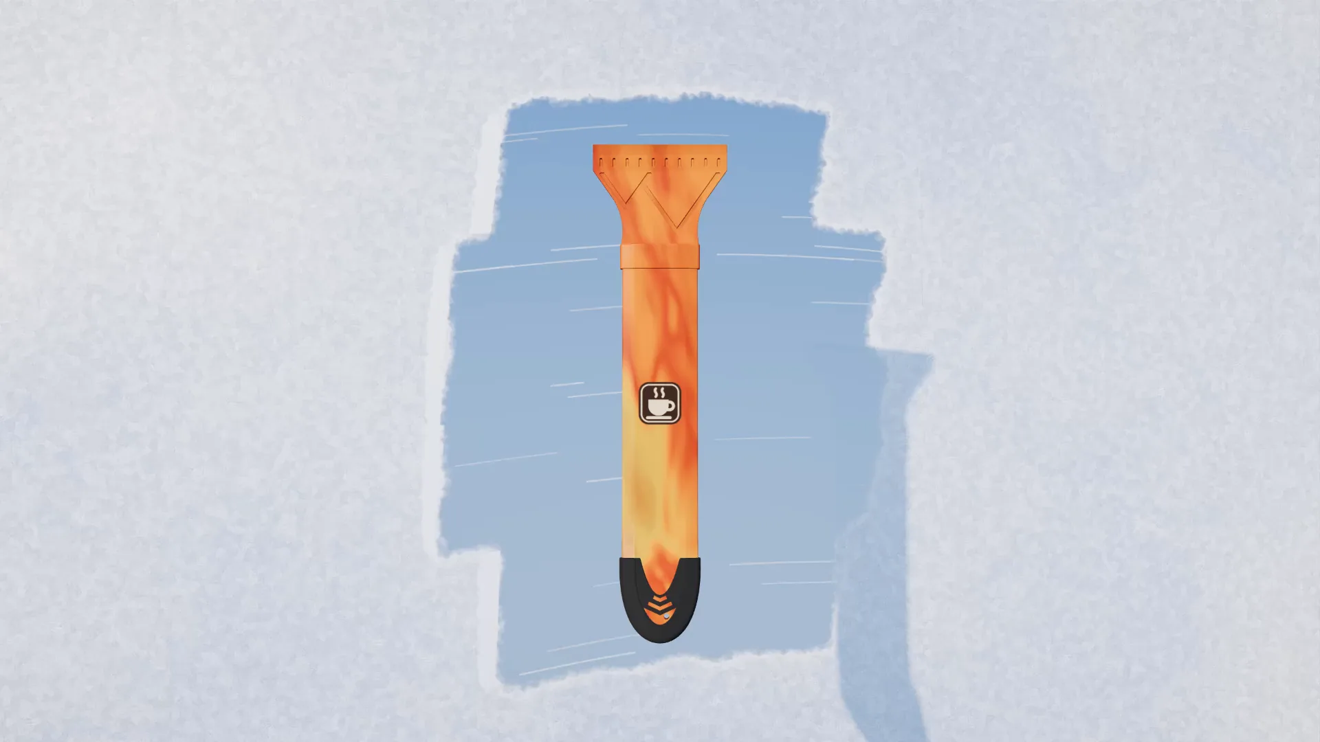 A Ski Scraper standing upright in front of a sheet of frost, against a patch scraped clear, whipping round every few seconds and coming out of each spin in a different customer's finish and mark: marbled orange with a café's coffee cup, black with a clear red blade and a race team's chevrons, Hi-Vis yellow with a trades firm's spanner, marbled violet with a ski club's crest, white with a clear amber blade and a filling station's drop, marbled teal with a mountain lodge's A-frame, marbled pink with a garage's steering wheel, and white with a clear blue blade and a ski school's snowflake.