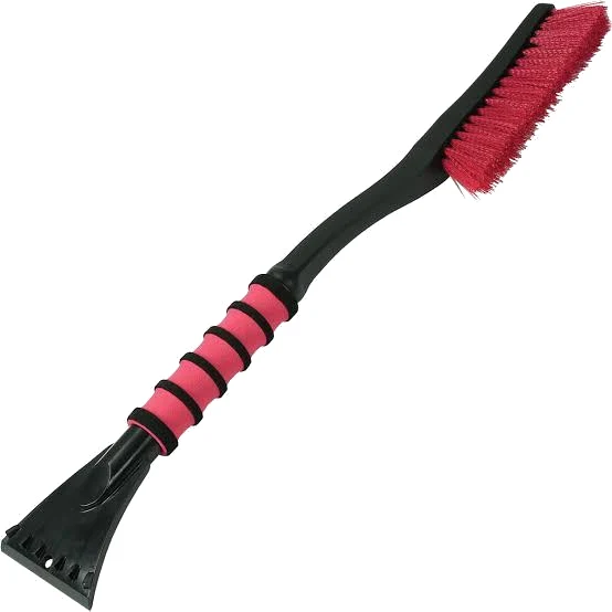 A long black snow brush with a red foam grip and red bristles.