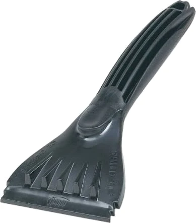 A flat black plastic ice scraper with a ribbed handle.