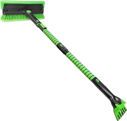 A telescoping snow brush with a green foam handle and a green squeegee head.