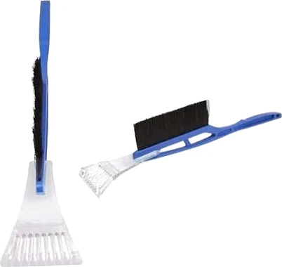 A blue plastic scraper with a brush on the other end, shown standing and lying down.