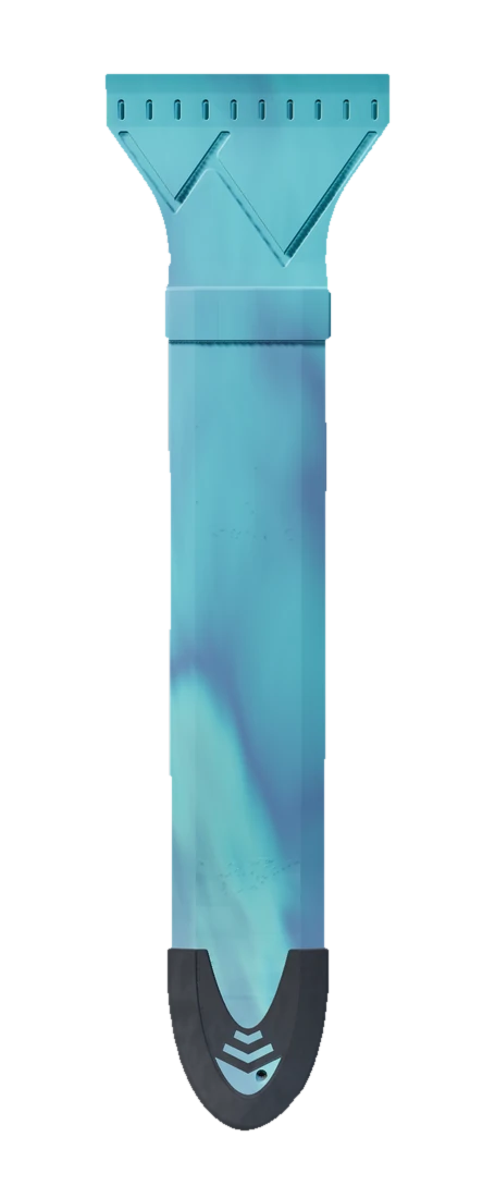 The Ski Scraper in Aurora, seen head-on: teal marbling shading into deep blue down the length of the handle.