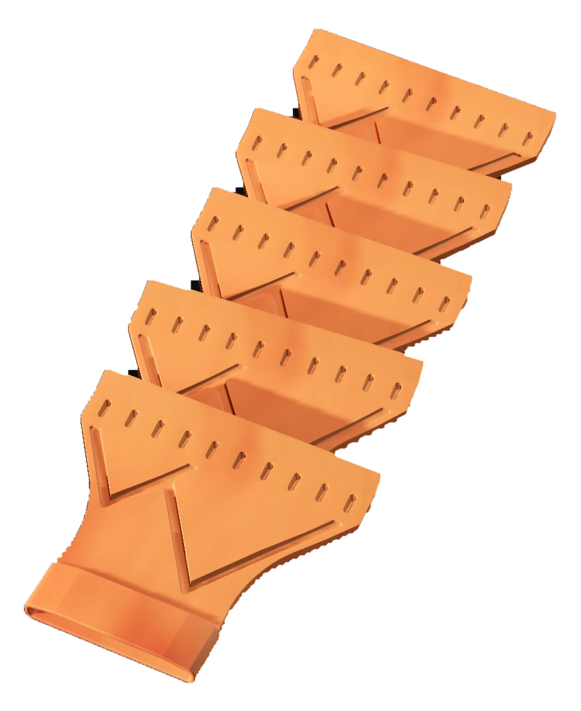 The same five Blaze blades from an angle, showing the thickness of the stack and the open socket the front one clips onto a handle by.