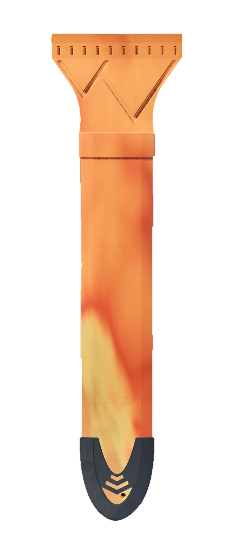 The Ski Scraper in Blaze, seen head-on: a marbled orange handle running from a grey moulded grip up to a wide scraper blade.