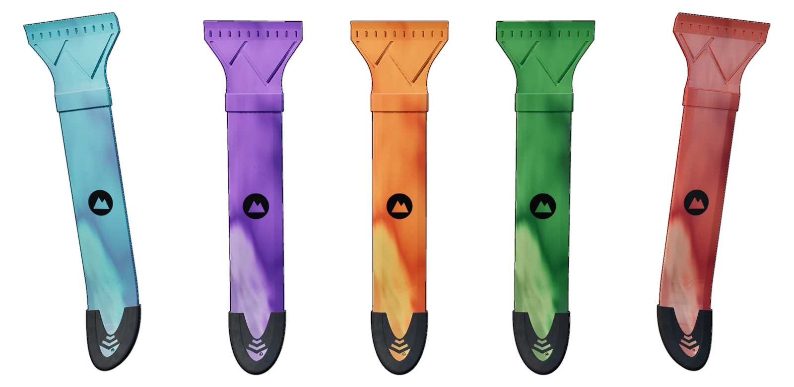 Five Ski Scrapers standing in a row, each moulded in a different marbled plastic — teal, violet, orange, green and red — with the same customer's mountain badge printed on every handle.