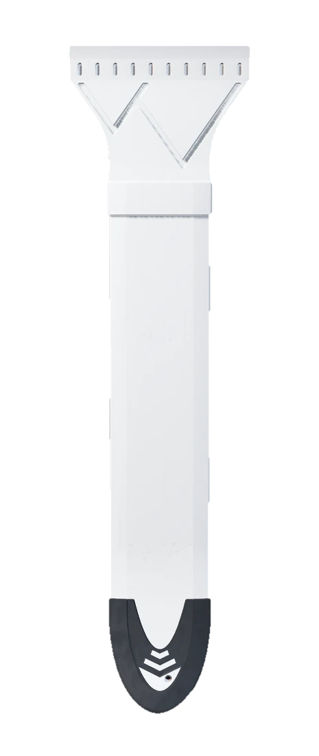The Ski Scraper in Snow, seen head-on: a plain white handle and blade, with the dark moulded grip at the foot.